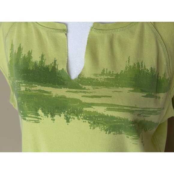 COLUMBIA Womens V Neck Cap Sleeve Graphic T Shirt Large Lime Green Cotton - Picture 2 of 10